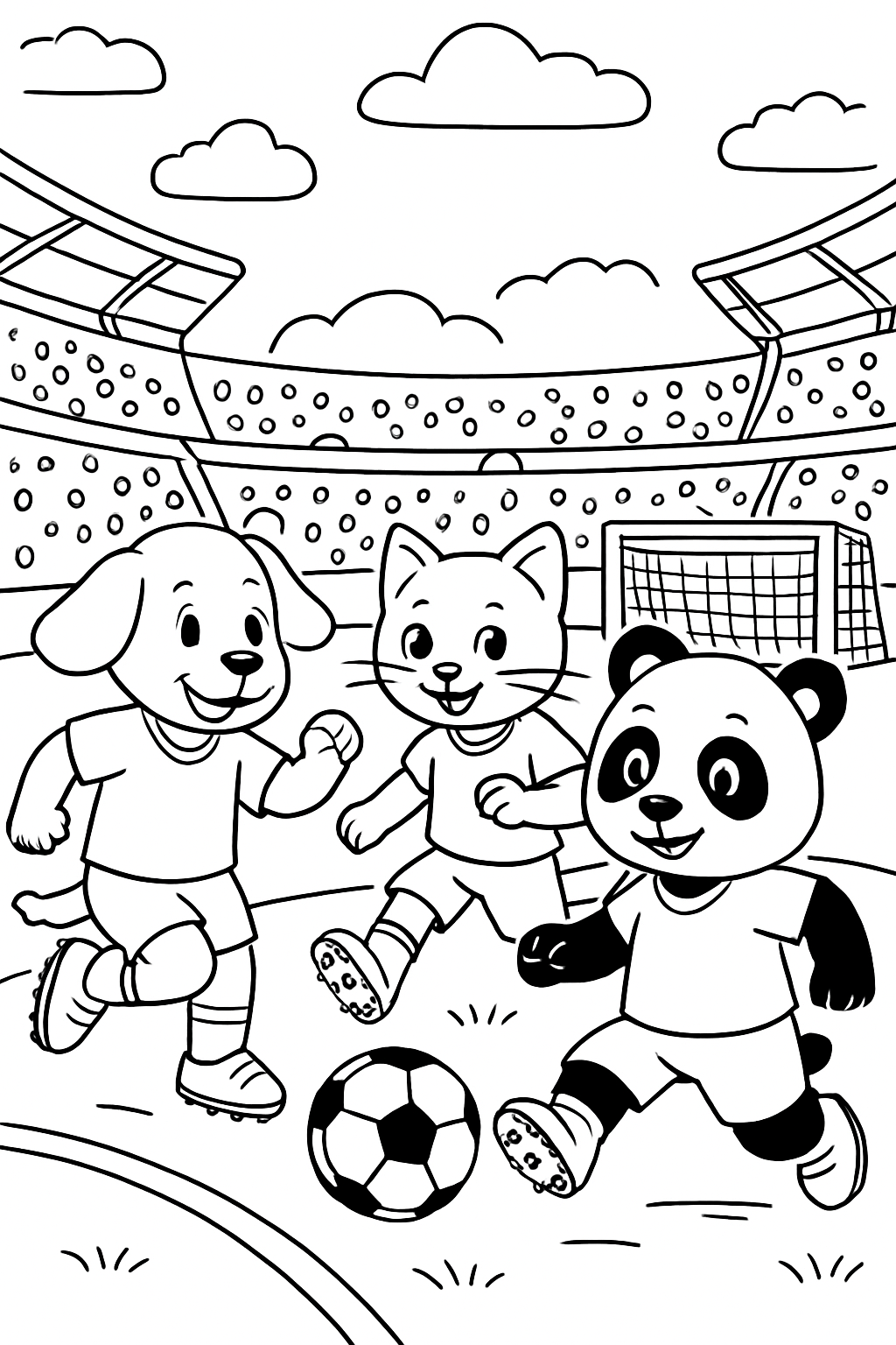 Cute animals (dog, cat, panda) playing soccer toge...