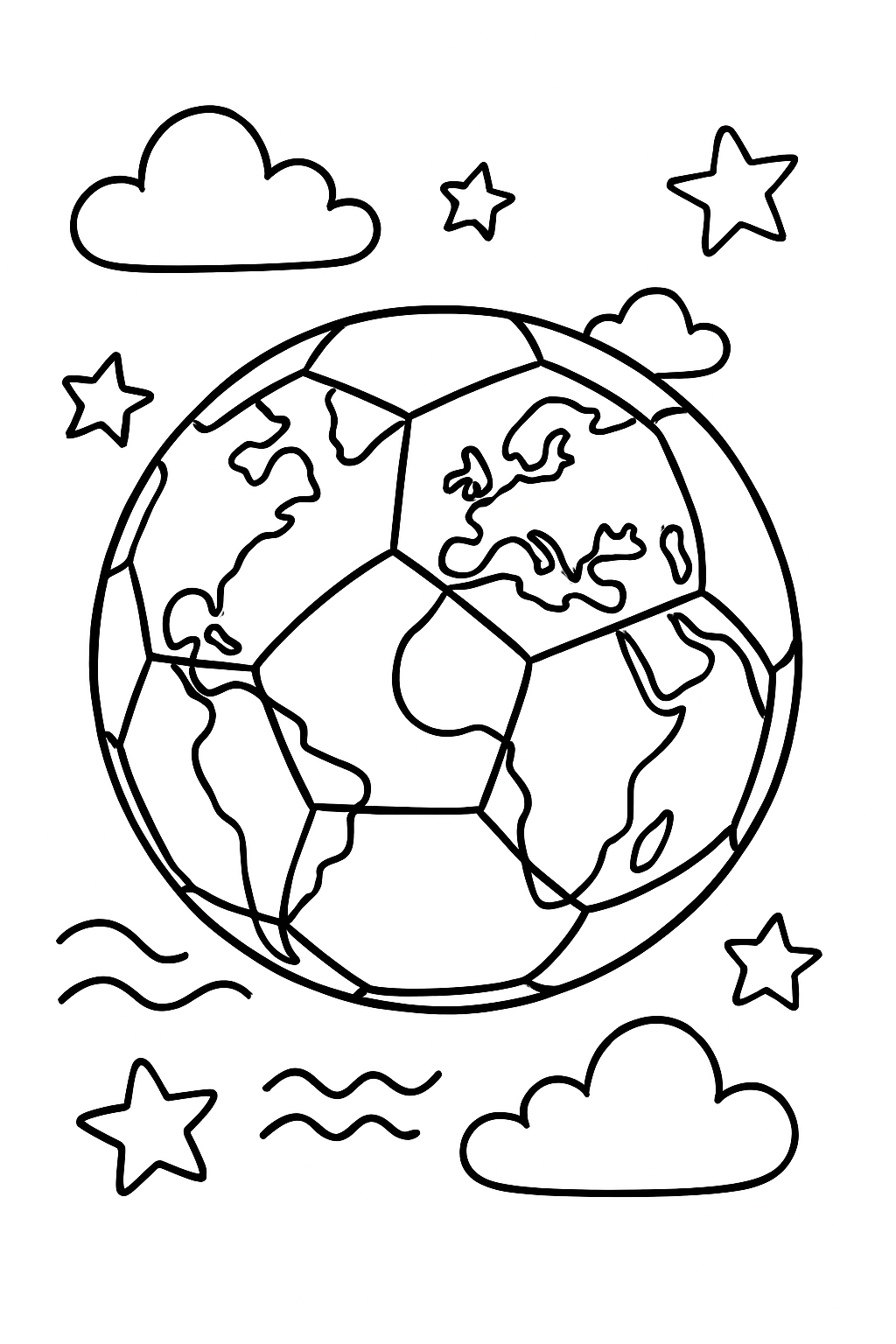 Soccer ball with world map patterns, outlined draw...