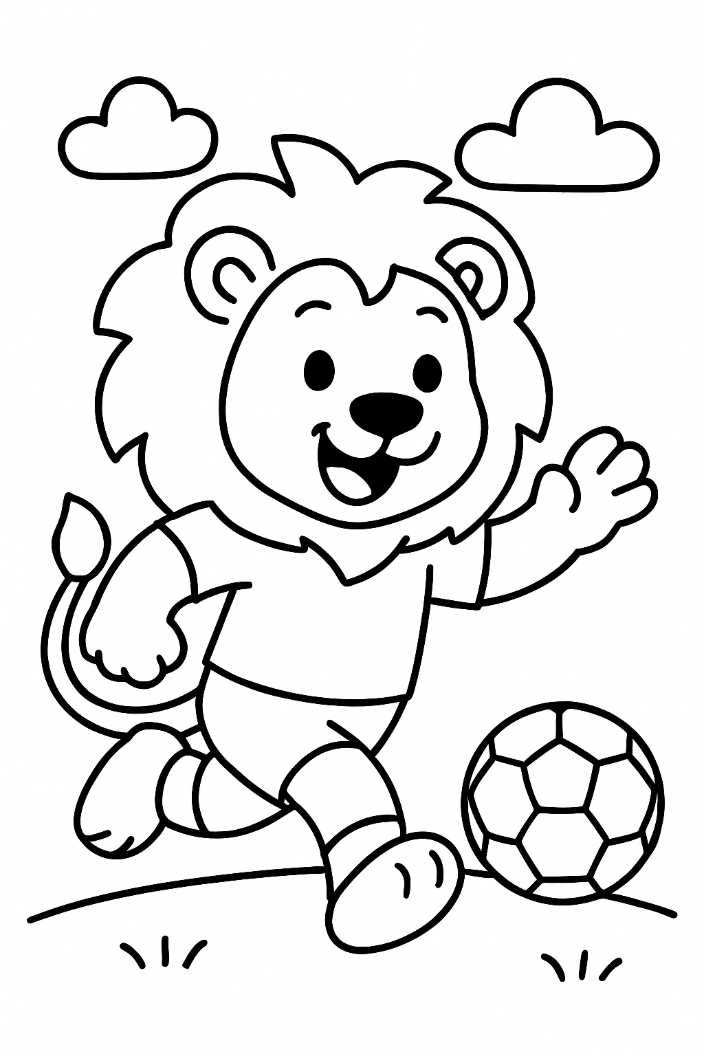 Cartoon lion playing soccer, FIFA World Cup mascot...